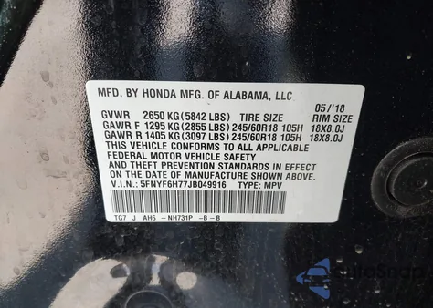 2018 Honda Pilot Ex-L from USA, damaged, VIN 5FNYF6H77JB049916